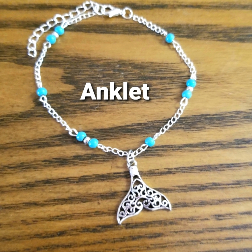 Silver Beaded Whale Tail Anklet Tribal Whale Ankle Bracelet Beach Vibes Ocean